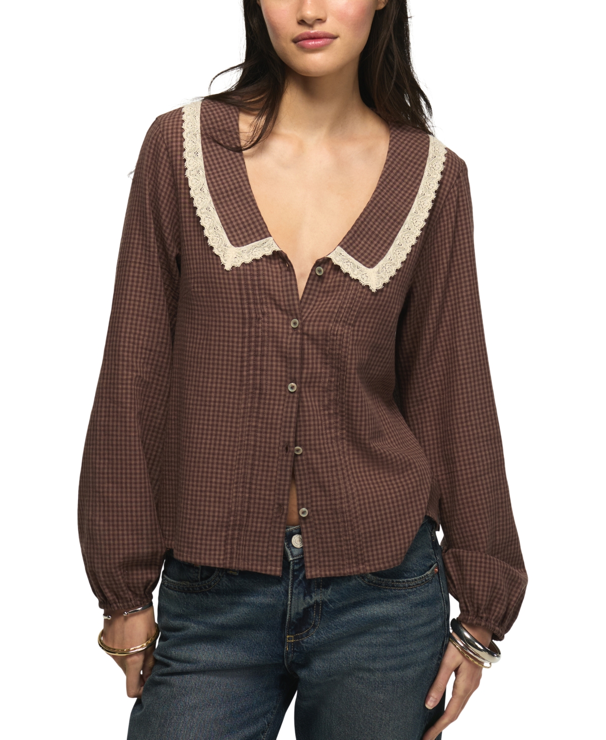 Lucky Brand Women's Gingham Peter Pan Collar Long-Sleeve Blouse