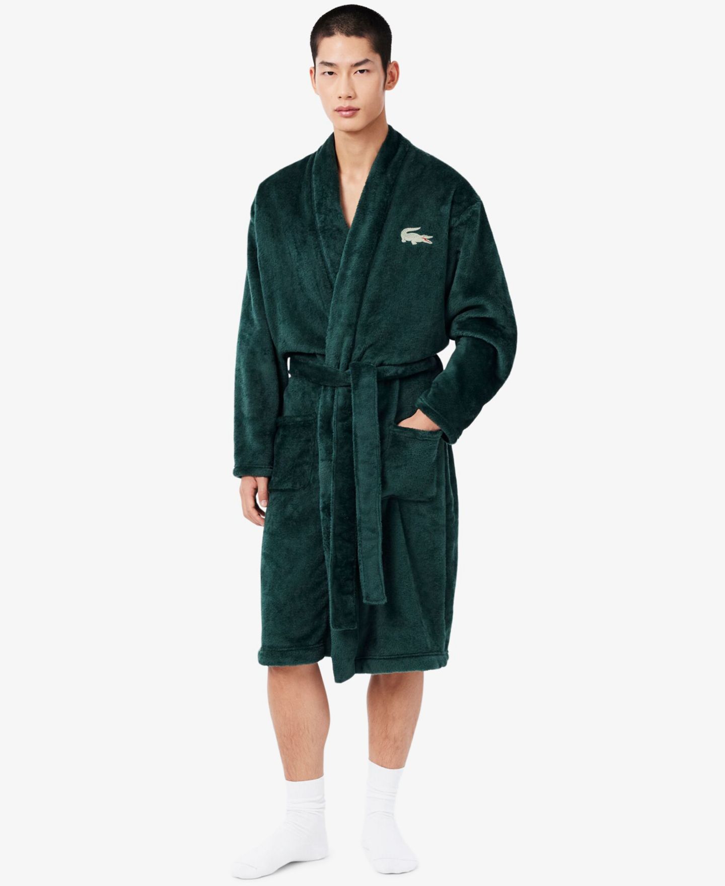 Мужской плюшевый халат Lacoste с шалевым воротником, цвет: Тёмный зелёный — фото 3