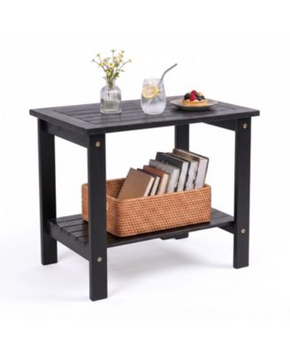 Slatted Eucalyptus Wood Outdoor End Table with Storage Shelf Tables