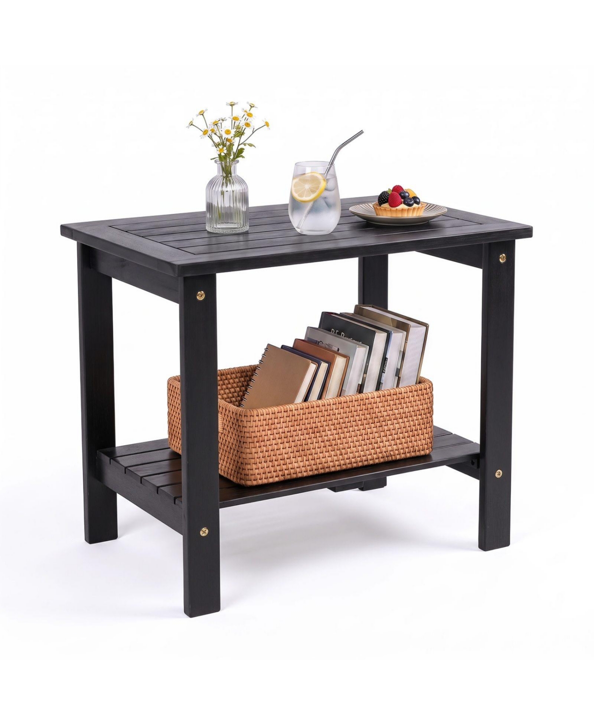 Sugift Slatted Eucalyptus Wood Outdoor End Table with Storage Shelf Tables