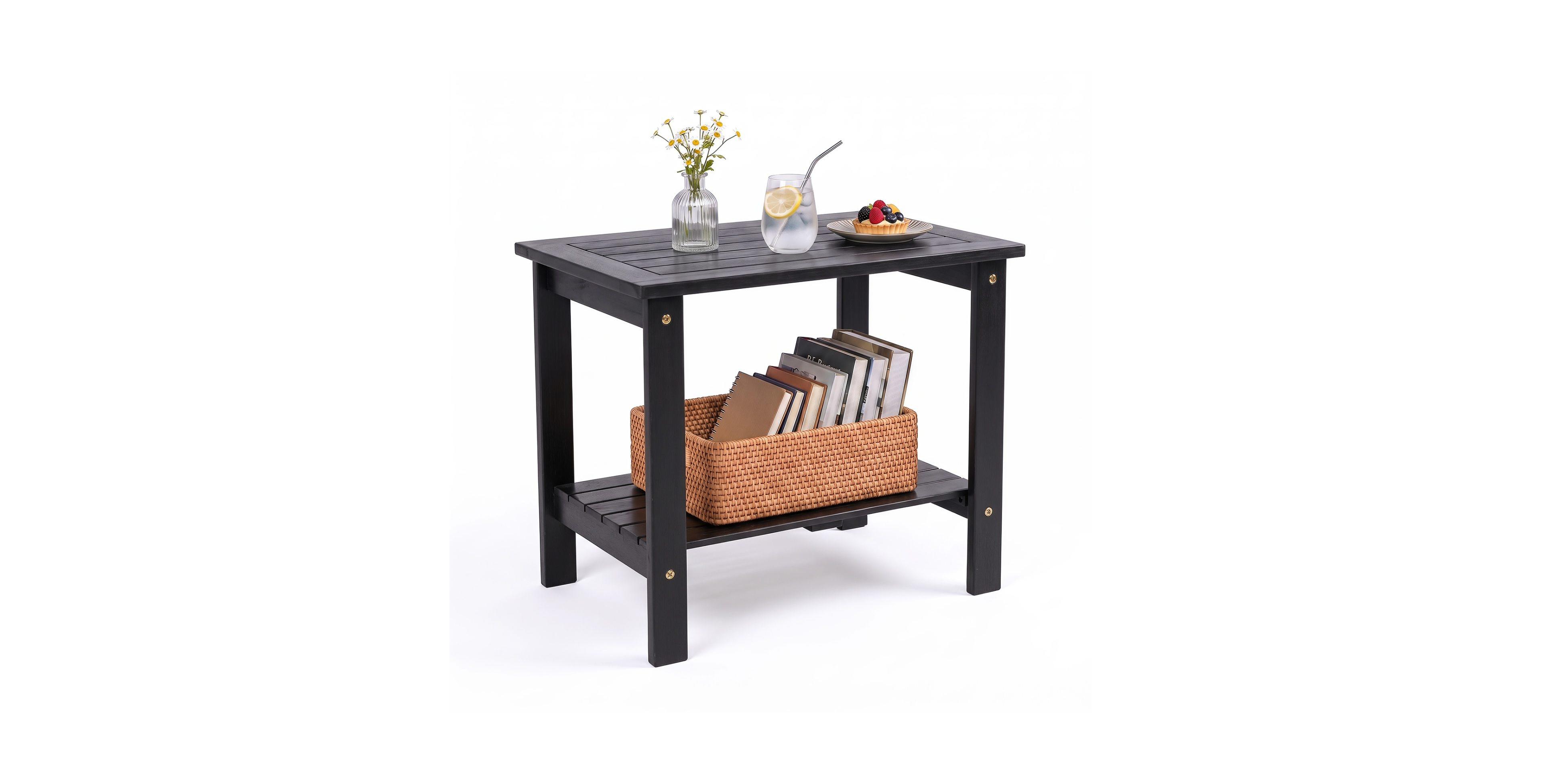 Sugift Slatted Eucalyptus Wood Outdoor End Table with Storage Shelf Tables