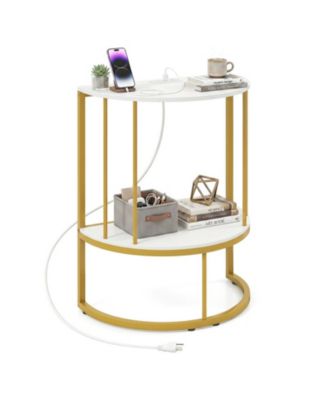 Half Moon Console Table with Built-In Power Outlets and Storage Shelf