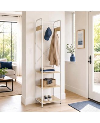 Coat Rack, Freestanding Hall Tree with Shoe Shelf, 8 Hooks, 3-Tier Wooden Shelf