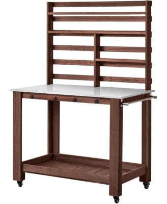 Outdoor Potting Bench with Stainless Steel Top Shelves Hooks and Casters Tables
