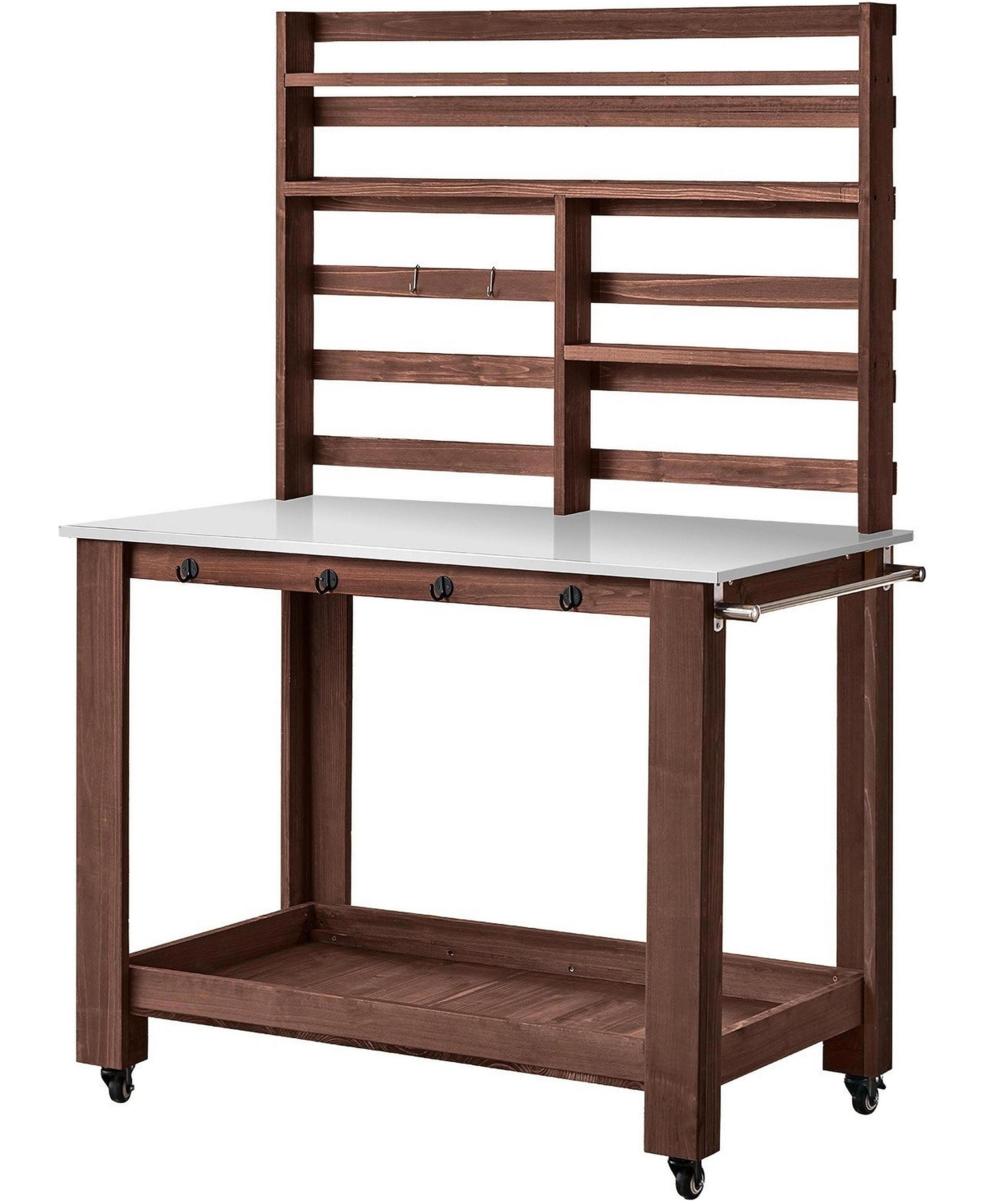 Gouun Outdoor Potting Bench with Stainless Steel Top Shelves Hooks and Casters Tables - Brown