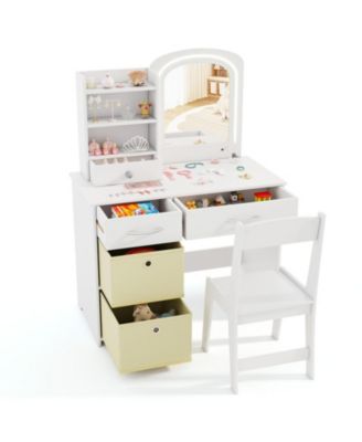 Kids Vanity Table and Chair Set with Lighted Mirror and Drawers