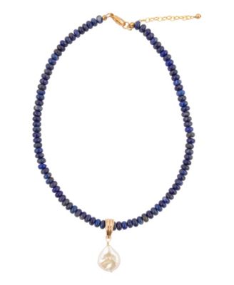 Blue Lapis and White Imitation Pearl Pendant Necklace