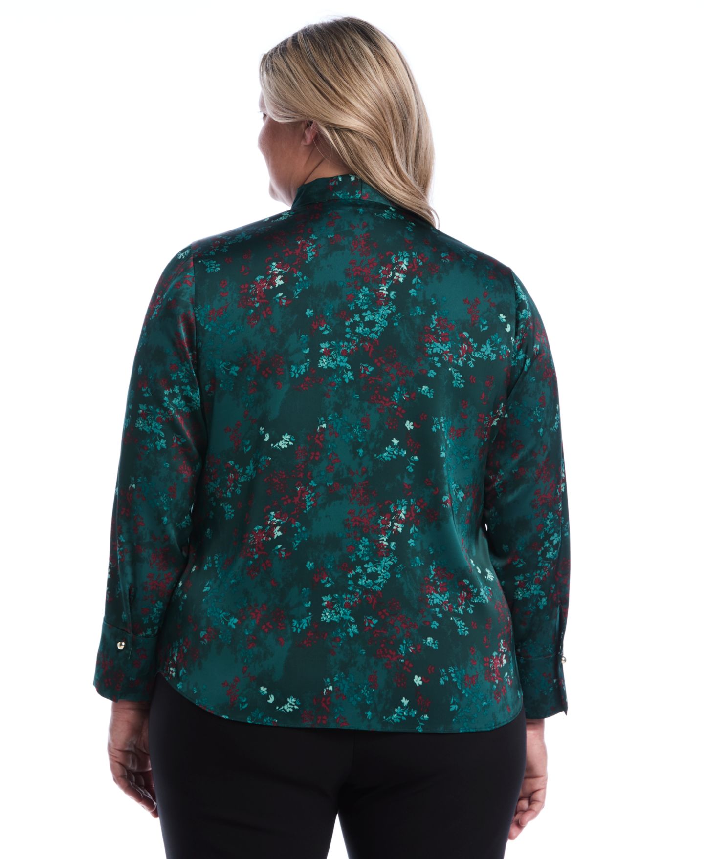 Женская блузка Rafaella Plus Size Long-Sleeve Satin Floral-Print, цвет: Сосновый — фото 6