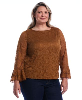 Plus Size Lace Ruffle Sleeve B Boatneck Blouse