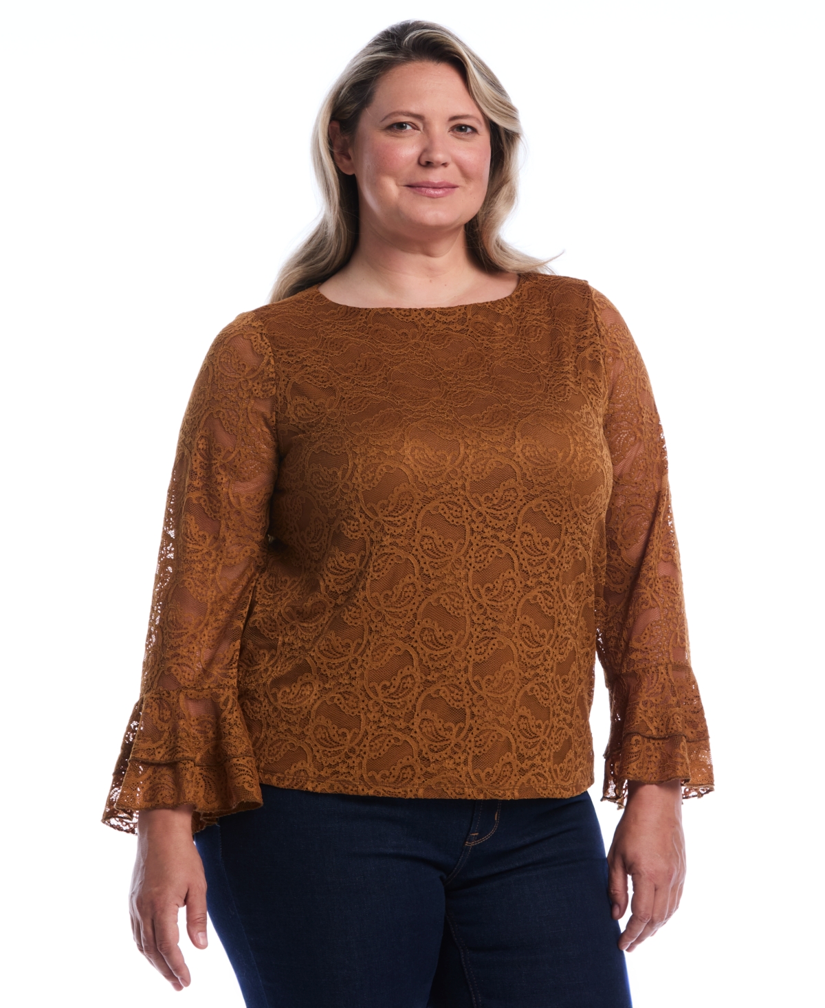 Rafaella Women's Plus Size Lace Ruffle Sleeve Boatneck Top in Monks Robe, Size 3X, Nylon/Elastane
