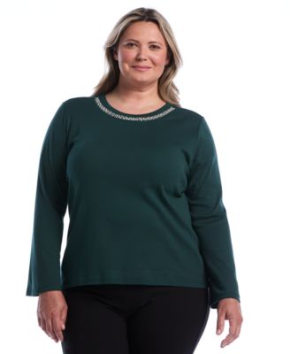 Plus Size Embellished Crewneck Long-Sleeve Cotton T-Shirt
