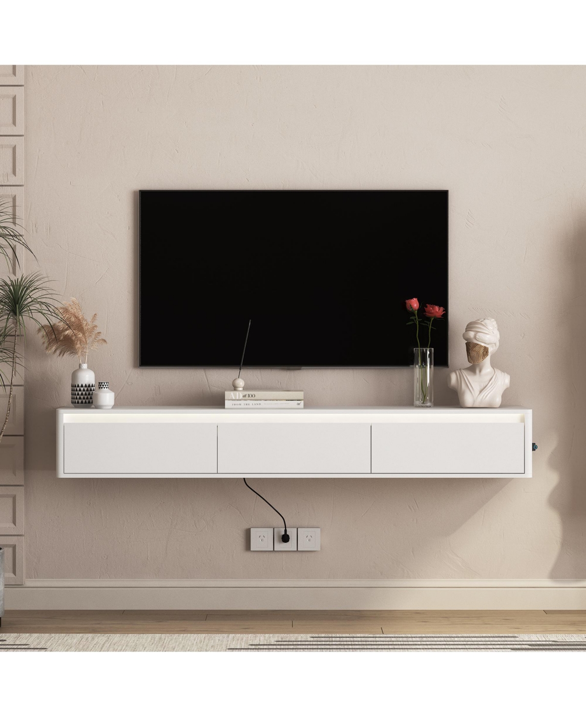 Flynama Floating Wall-Mount Tv Cabinet with Touch Led Strip and Built-In Power Ports.