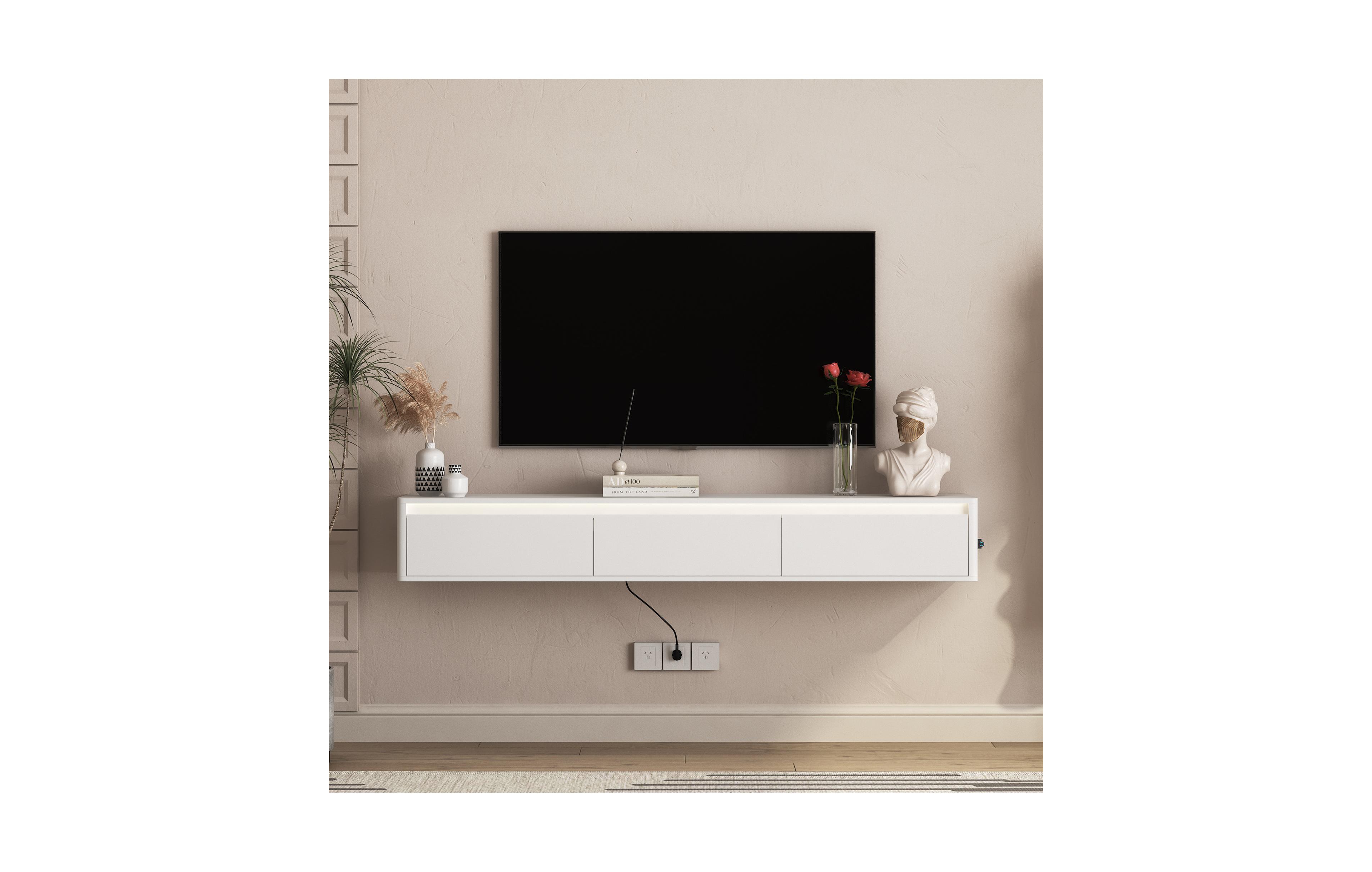 Flynama Floating Wall-Mount Tv Cabinet with Touch Led Strip and Built-In Power Ports.