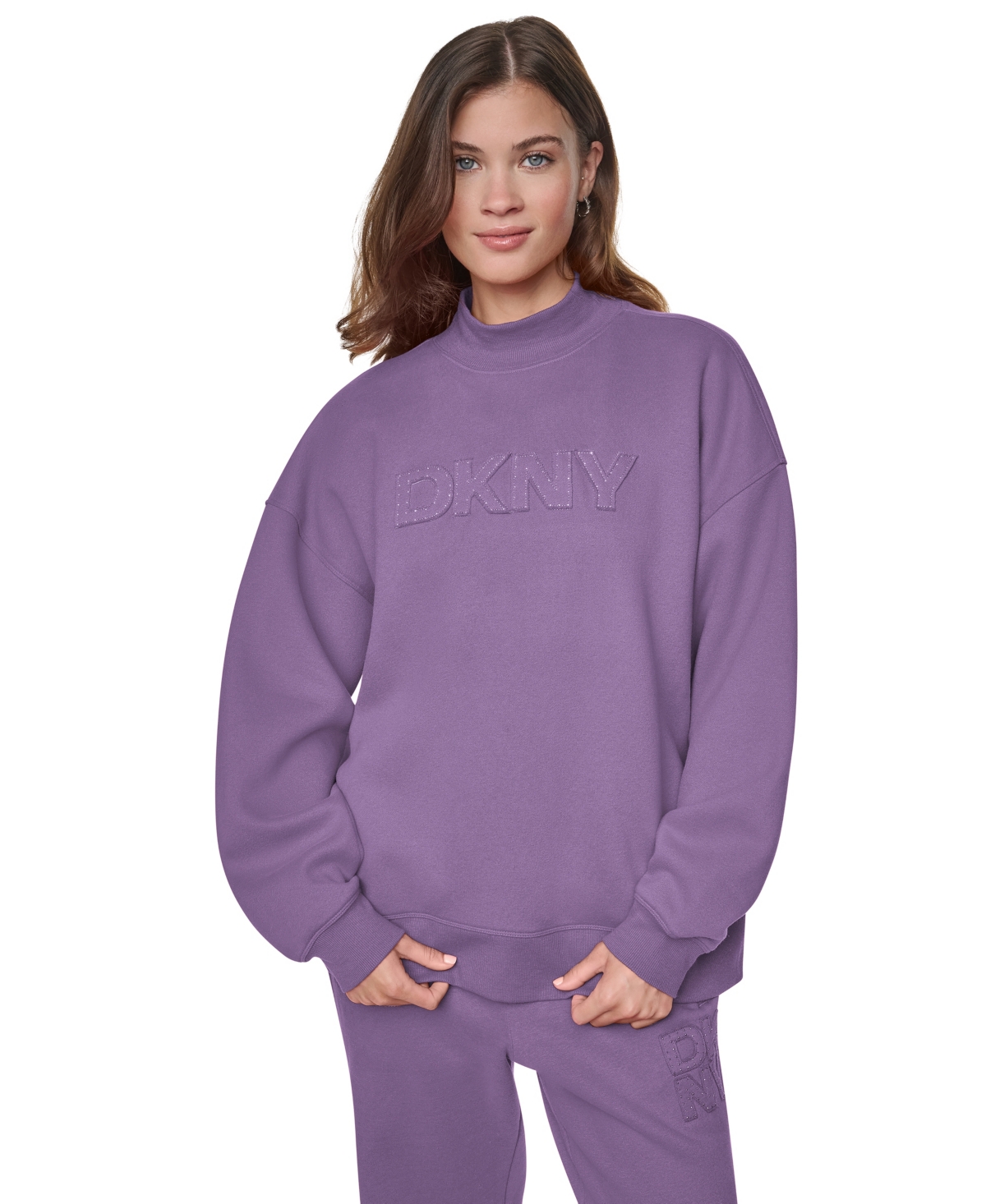 Dkny Sport Women's Rhinestone Applique Oversized Mock Neck Pullover - Violet Dusk/ Silver
