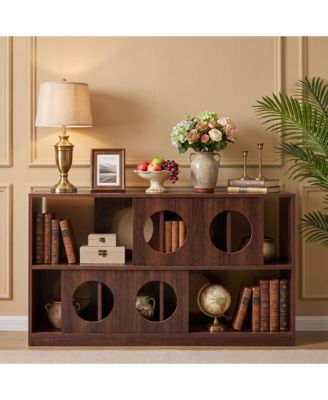Double Shelf Cubby Storage Organizer, Short Bookshelf For Home, Modern Geometric Bookshelf With Round Cutout Design