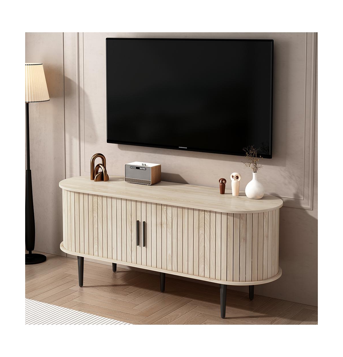 Flynama 47 Inch Modern Tv Stand with Sliding Door Storage Cabinet Natural Wood - Natural wood