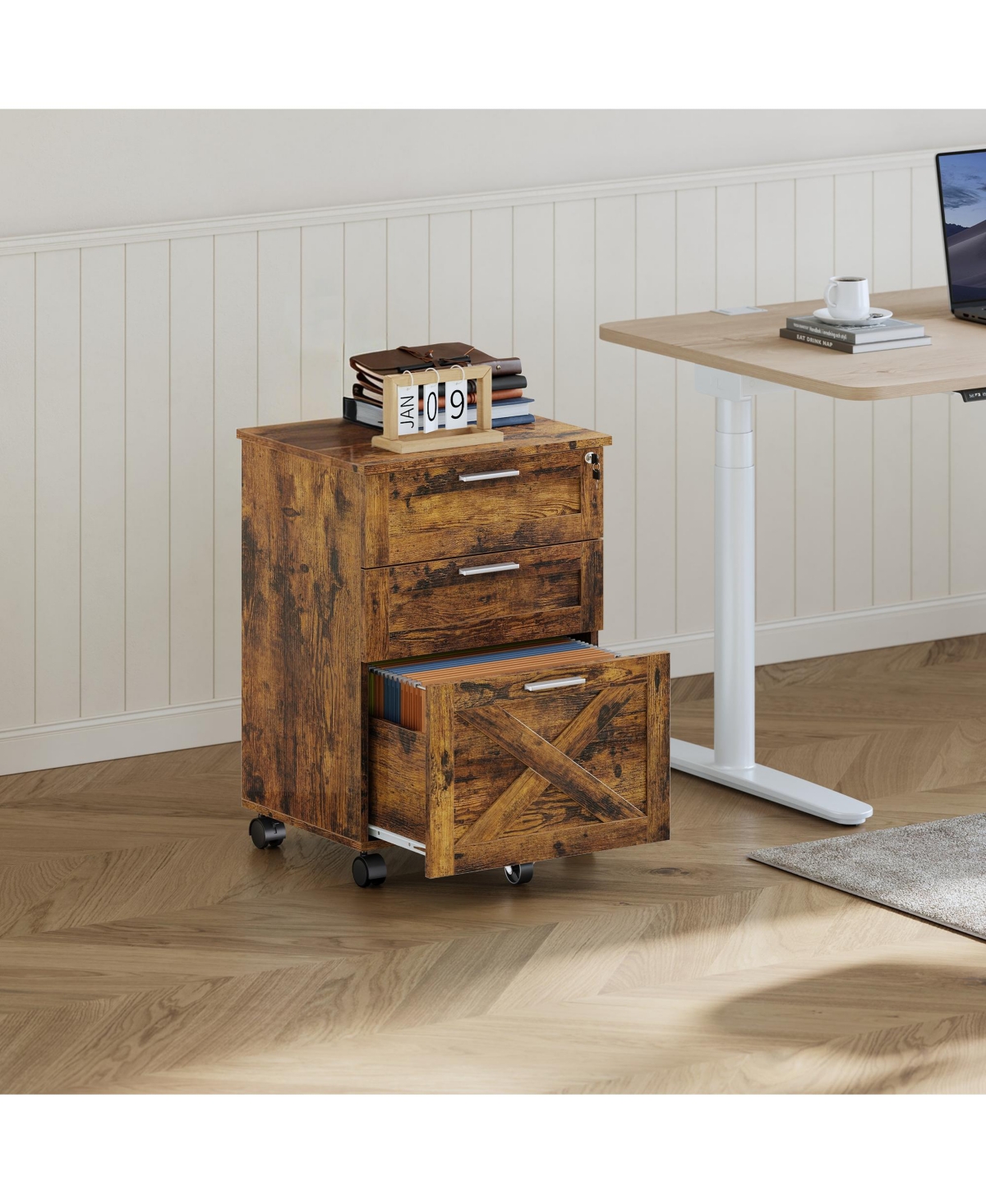 homfan 3-Drawer Rolling File Cabinet With Lock, Filing Cabinet For Home Office, Under Desk Storage Fits Letter A4 Legal, Printer Stand Locking Casters