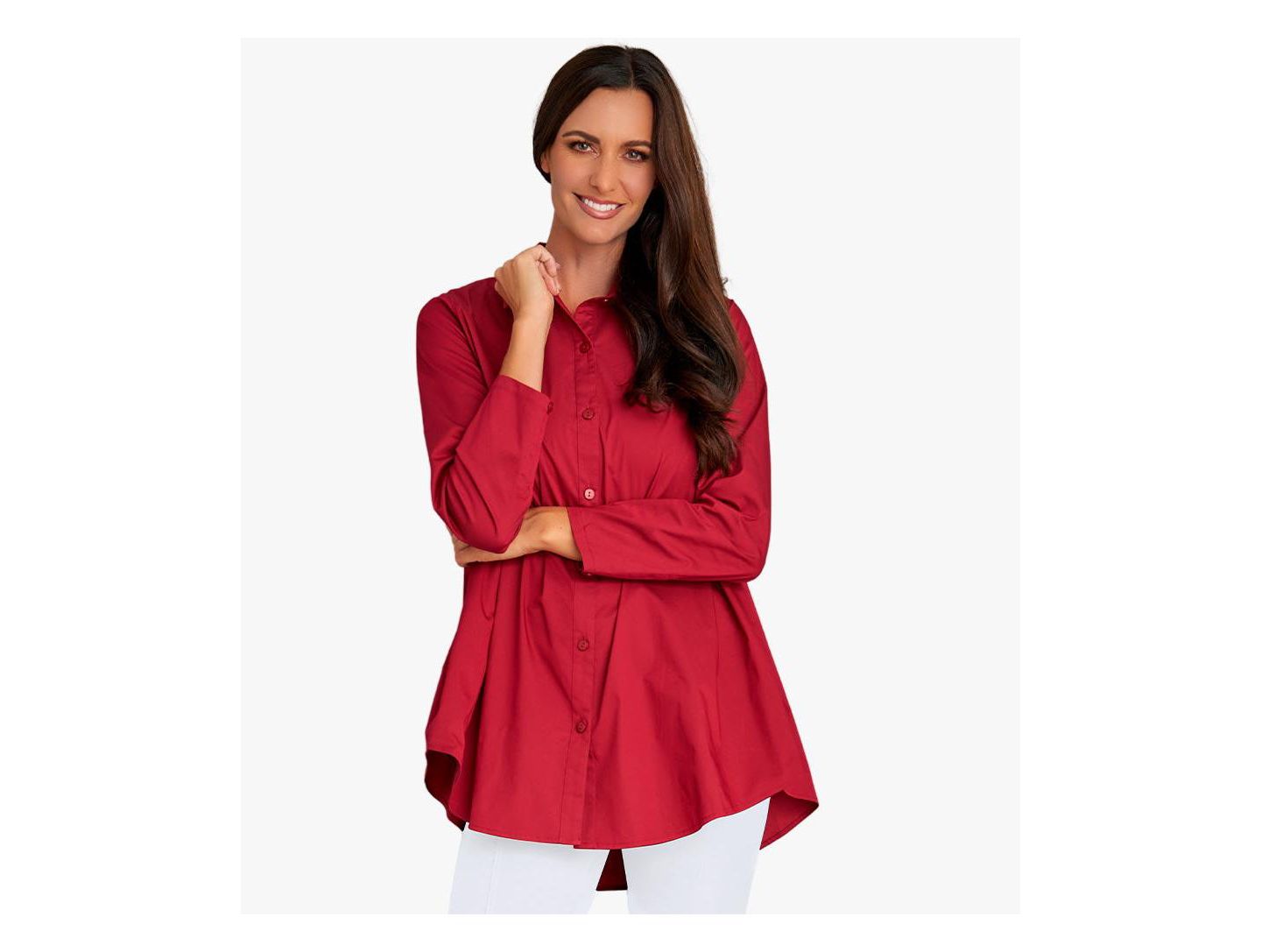 Женская рубашка Stella Carakasi Cotton Poplin Button-Front A-Line Shirt Top Prime Time Tunic, цвет: Свекольный — фото 5