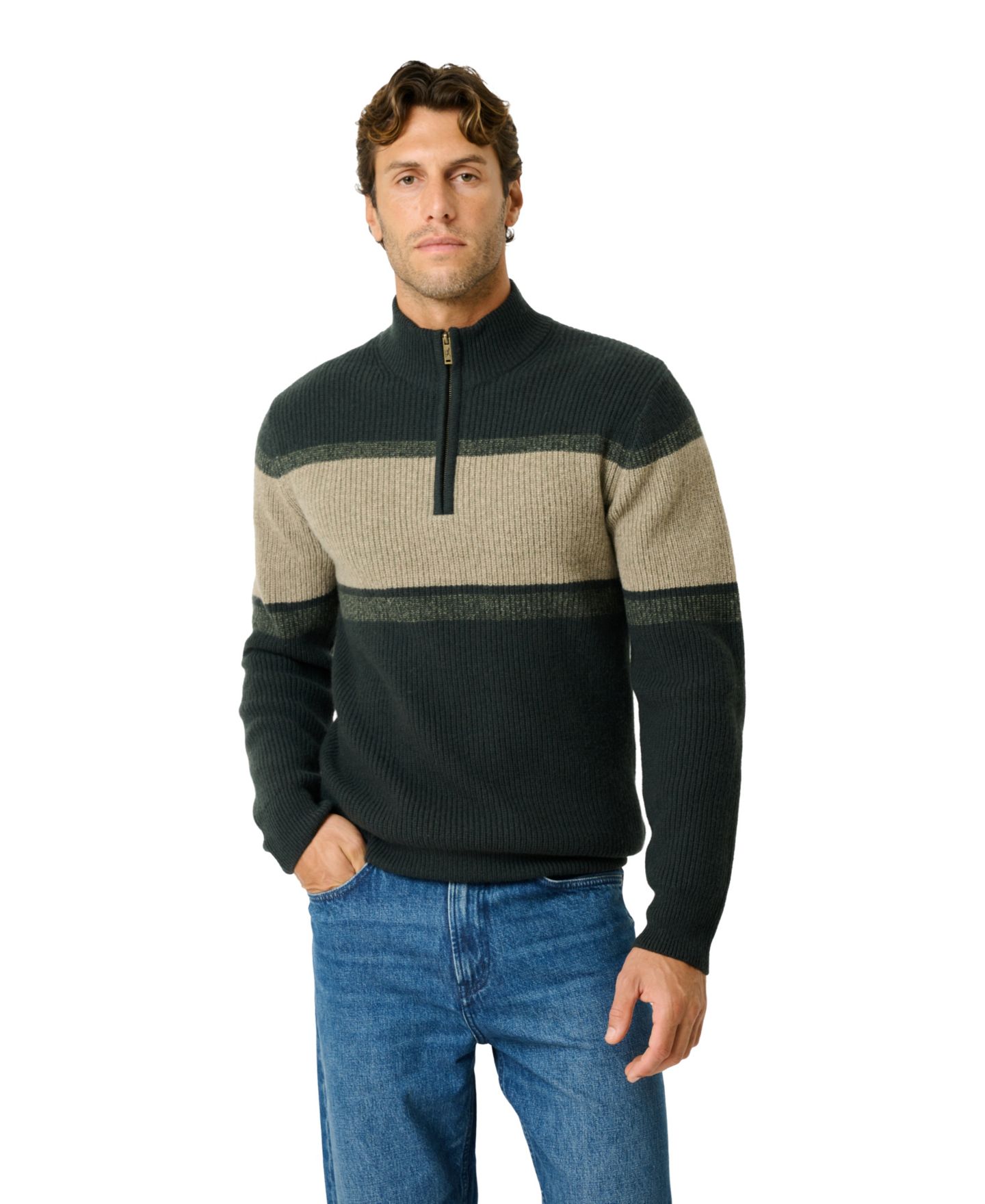Мужской свитер Rodd & Gunn Clover Park Merino Wool Quarter-Zip Funnel Neck, цвет: Тёмно-зелёный — фото 1