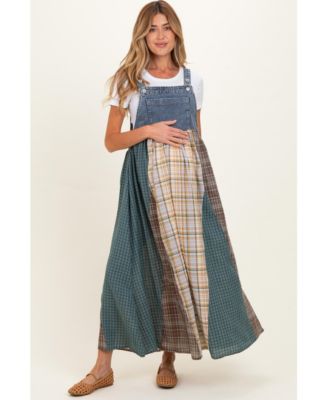 Maternity Plaid Square Neck Overall Dress