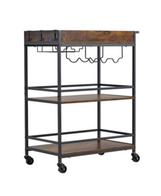3-Tier Industrial Rolling Bar Cart 26.77x14.17x32.68 in with Wine Rack and Glass Holder