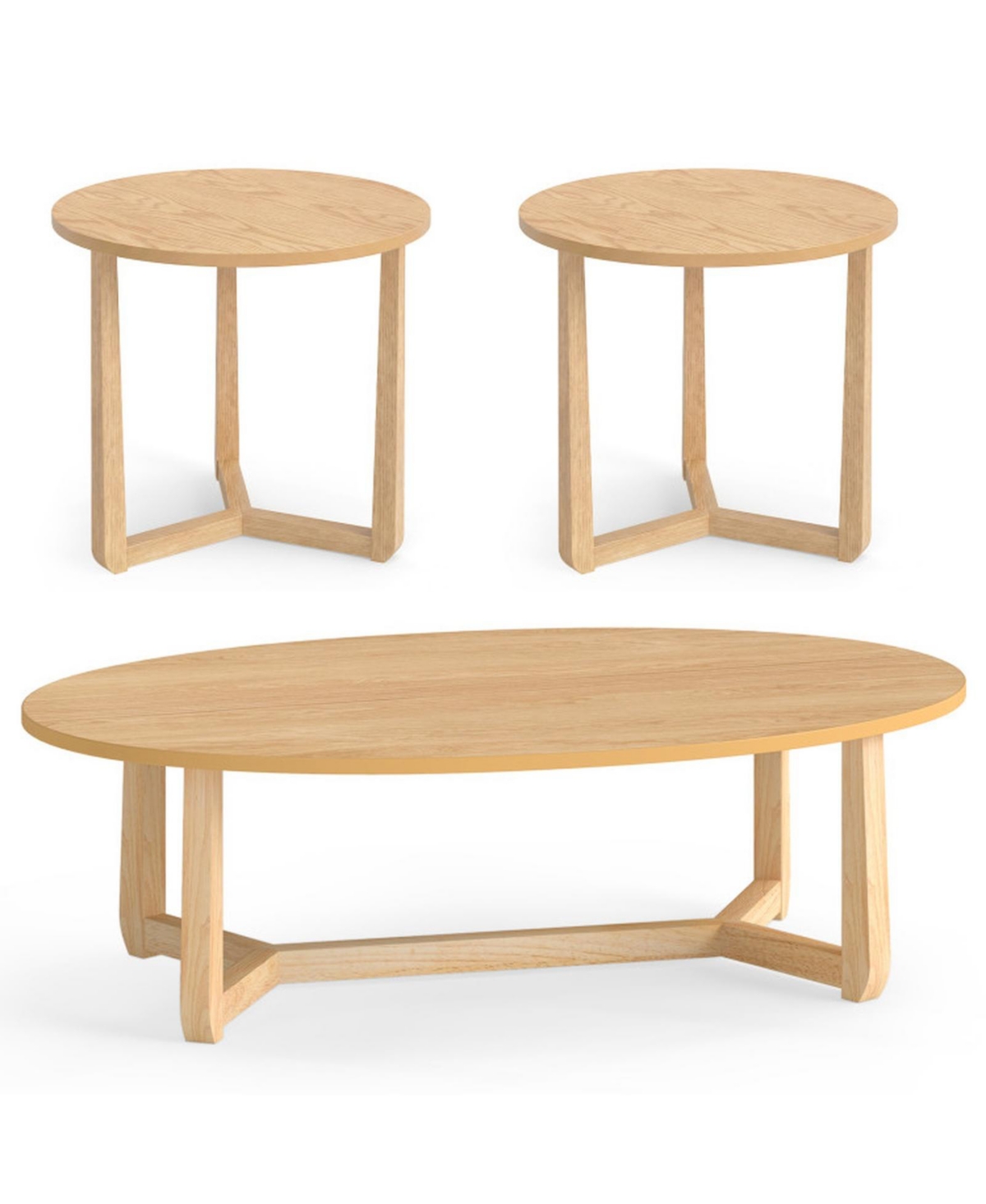 Gouun 3-Piece Oval Coffee Table Set Featuring Two Round Side Tables - Natural wood grain