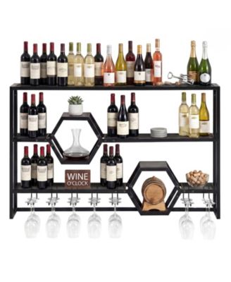 47in Wall Mounted Wine Rack with Floating Bar Shelves and Stemware Racks