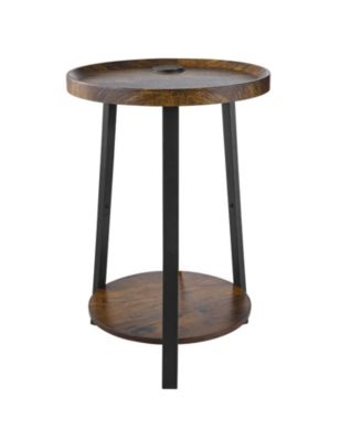 Round Two-Tier End Table with USB Charging Station