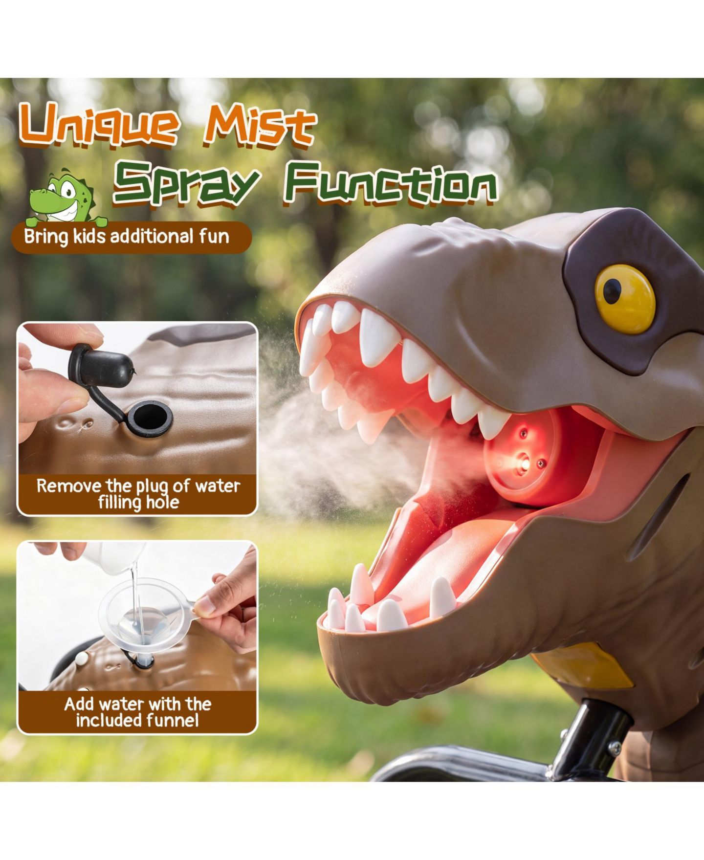 Детская игрушка Costway Dinosaur Drift Tricycle with Lights & Mist Spray, 66 lb. Capacity, Ages 3-8, цвет: Коричневый — фото 7