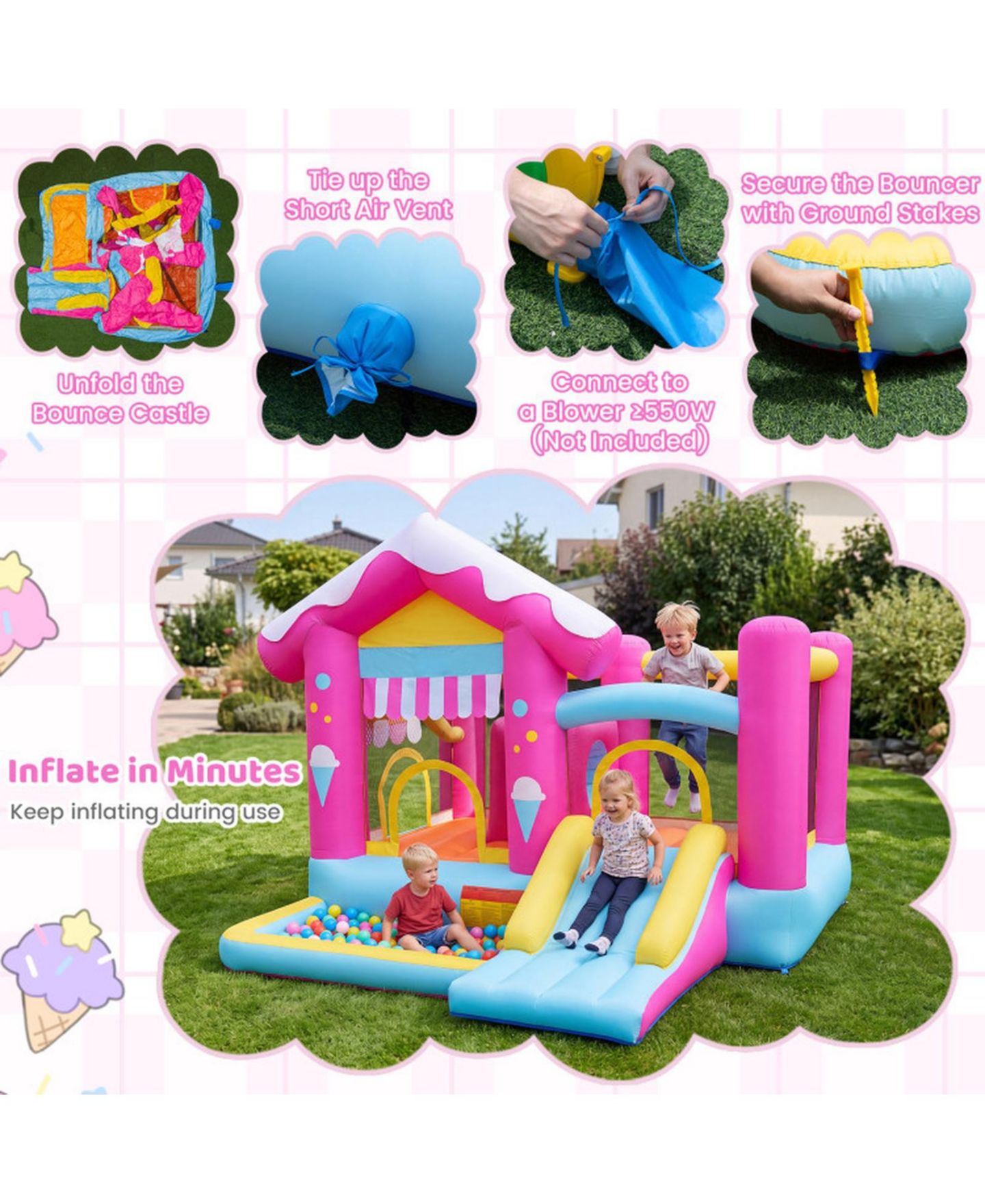Детская игрушка SUGIFT 5-in-1 Inflatable Bounce House with Tunnel and Slide, Supports 2 Children, Ages 3-12, цвет: Розовый — фото 5