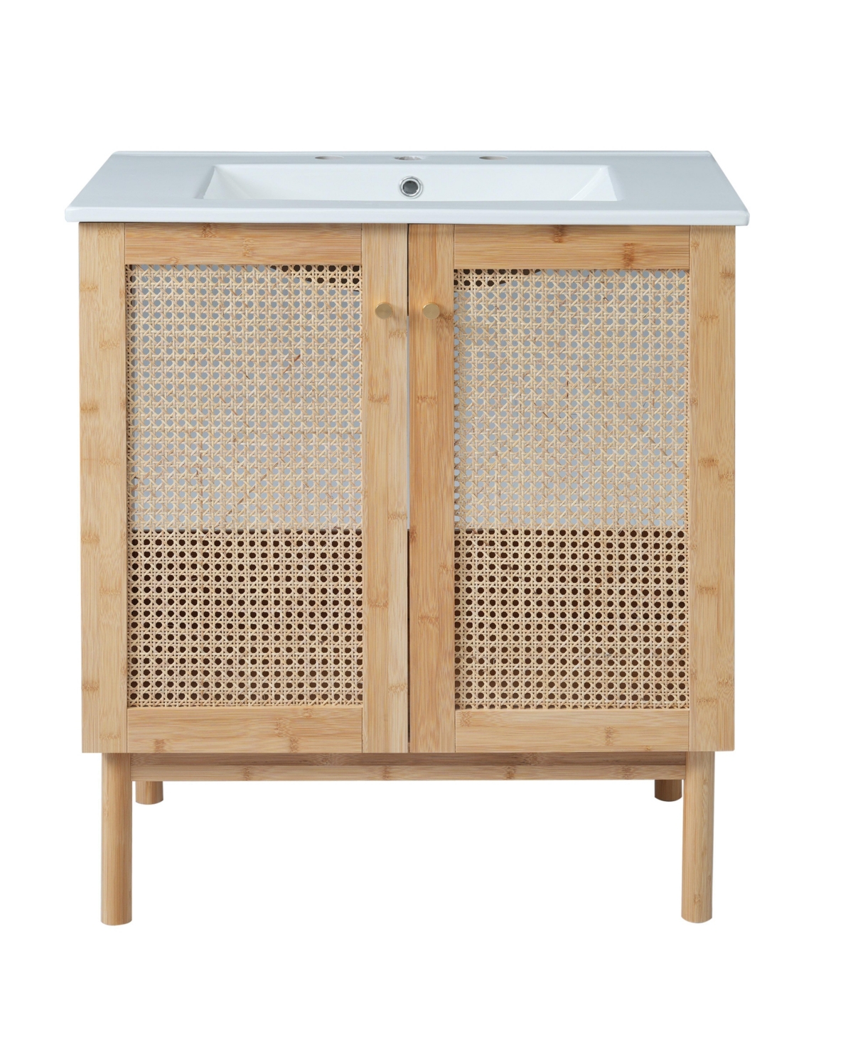 Sillysis 30 Inch Freestanding Bathroom Vanity, Bamboo Cabinet with Rattan Door Panels, Ceramic Integrated Sink, Soft-Close Doors, Assembly Required -