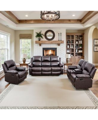 3-Piece Leather Recliner Sofa Set, 1-Seater Chair and 2-Seater Loveseat and 3-Seater Couch with Storage, Cup Holders and Coffee Table