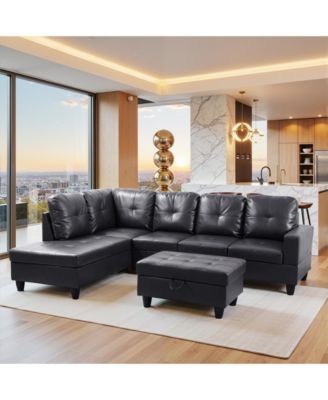 104" 3-Piece Luxury Leather L-Shaped Sectional Sofa Set, Modern Couch with Storage Ottoman for Living Room