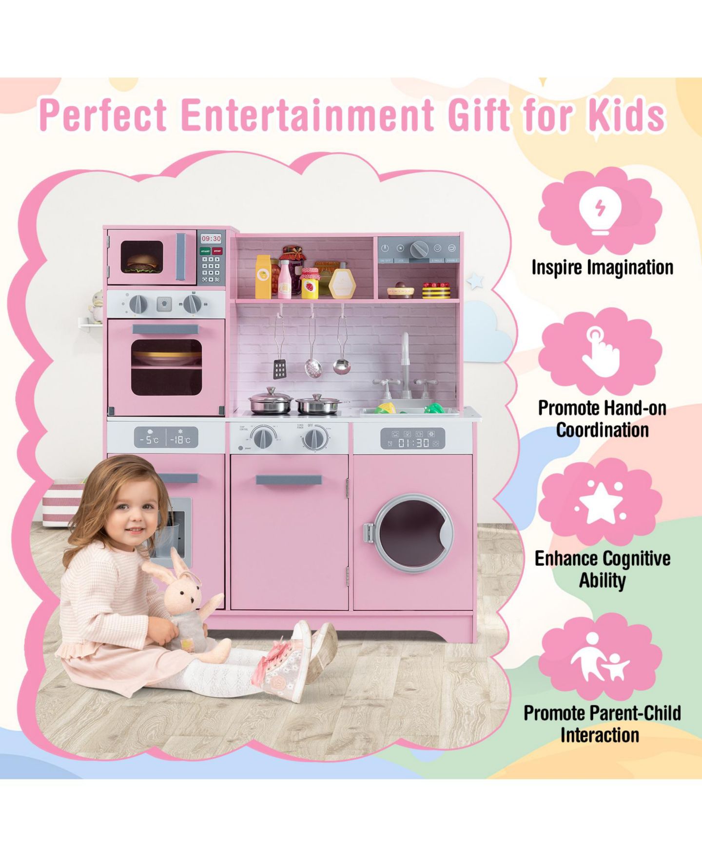 Детские игрушки HONGGE Clicking-Knobs Washing Machine Door Pretend Play Kitchen Set, Ages 3+, цвет: Розовый — фото 9