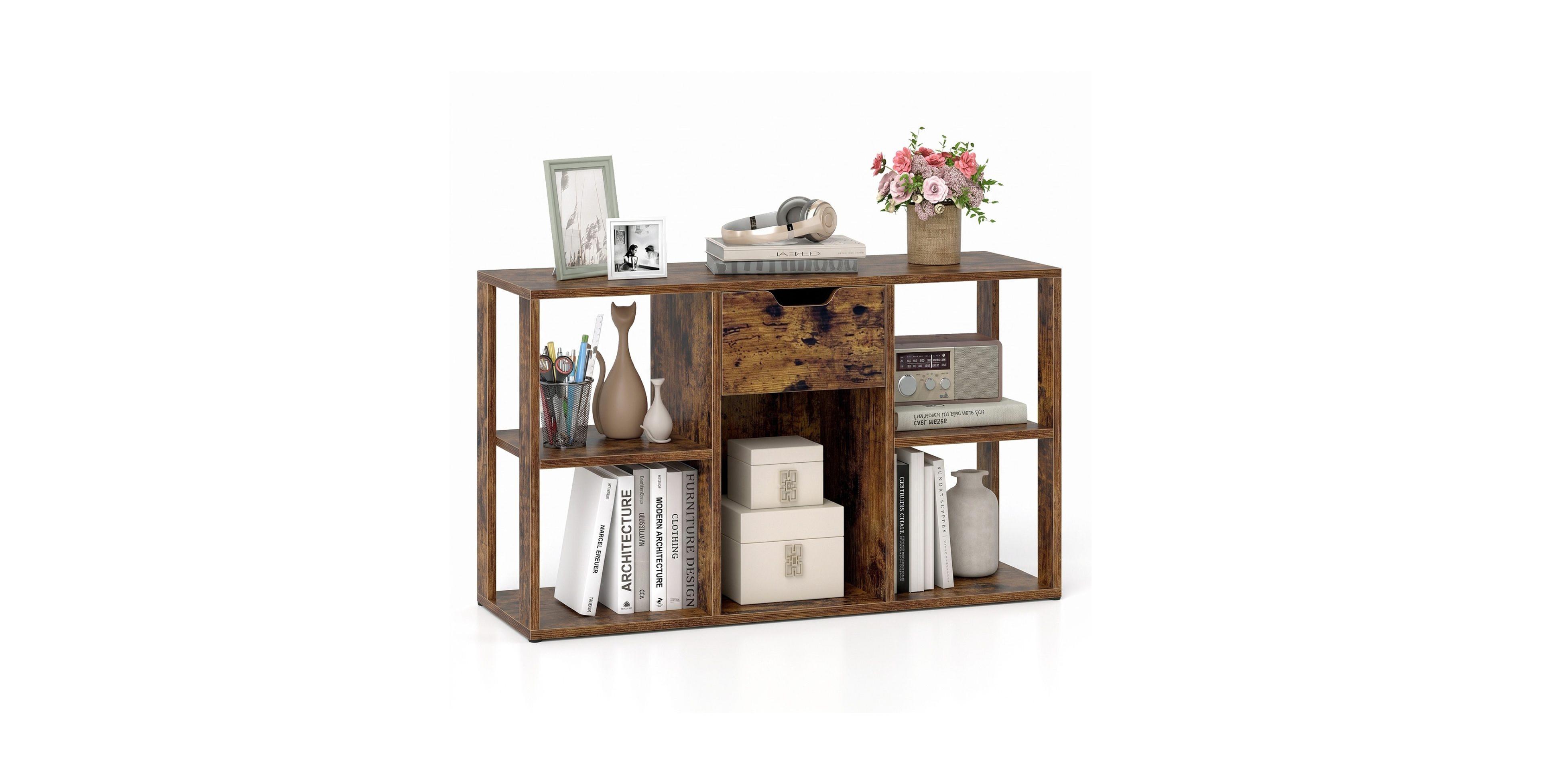 Sugift 5-Cube Engineered Wood Bookcase with Storage Drawer
