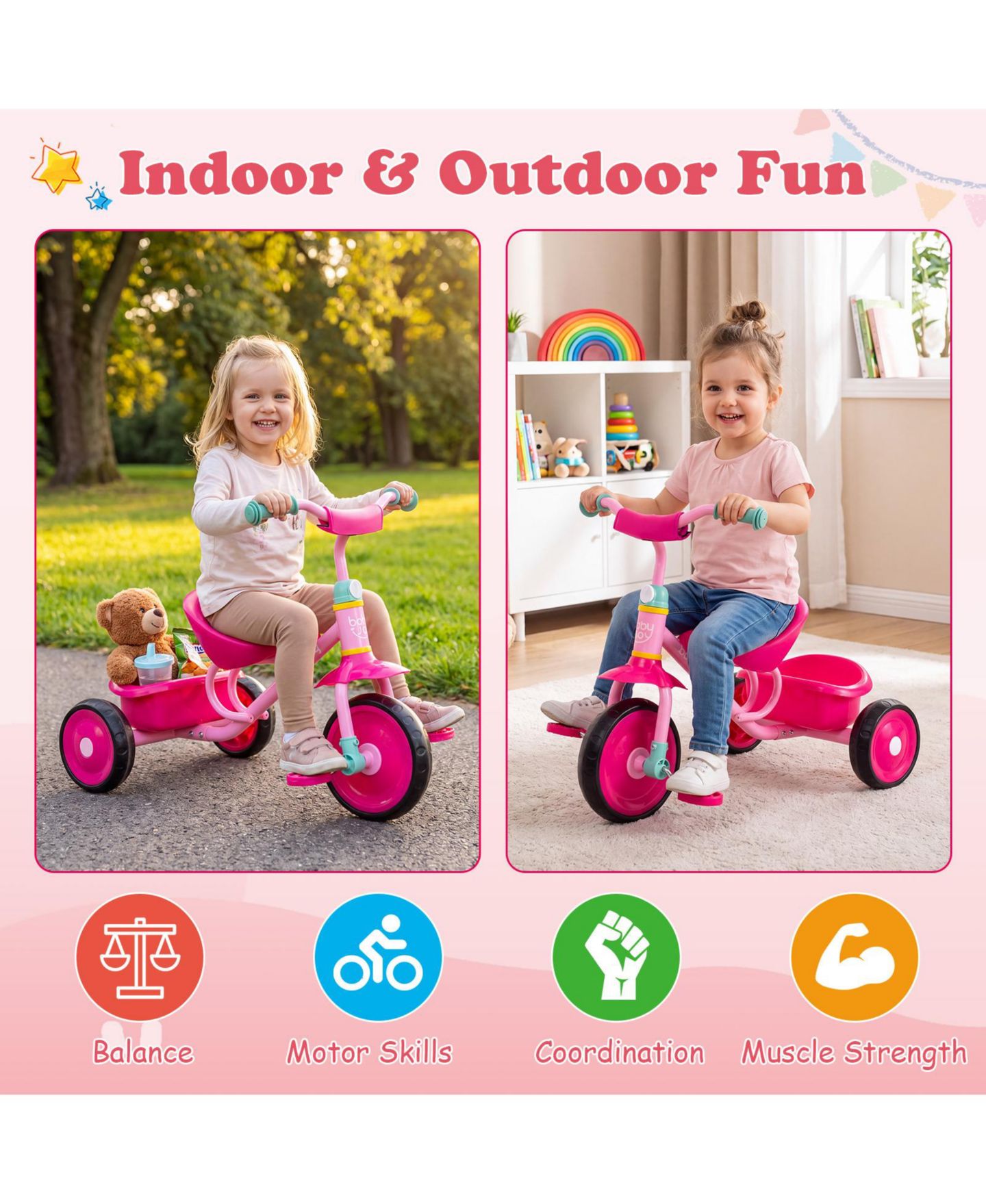 Детская игрушка Costway Toddler Tricycle with Removable Storage Basket, Indoor/Outdoor, 55 lbs Capacity, 2–5 лет, цвет: Розовый — фото 9