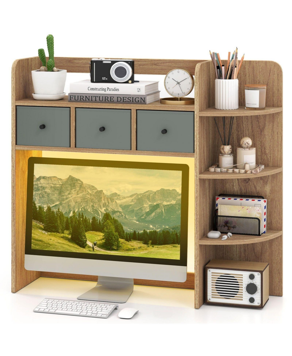 Sugift 5-Tier Desktop Bookshelf with Led Lighting and Storage Drawers