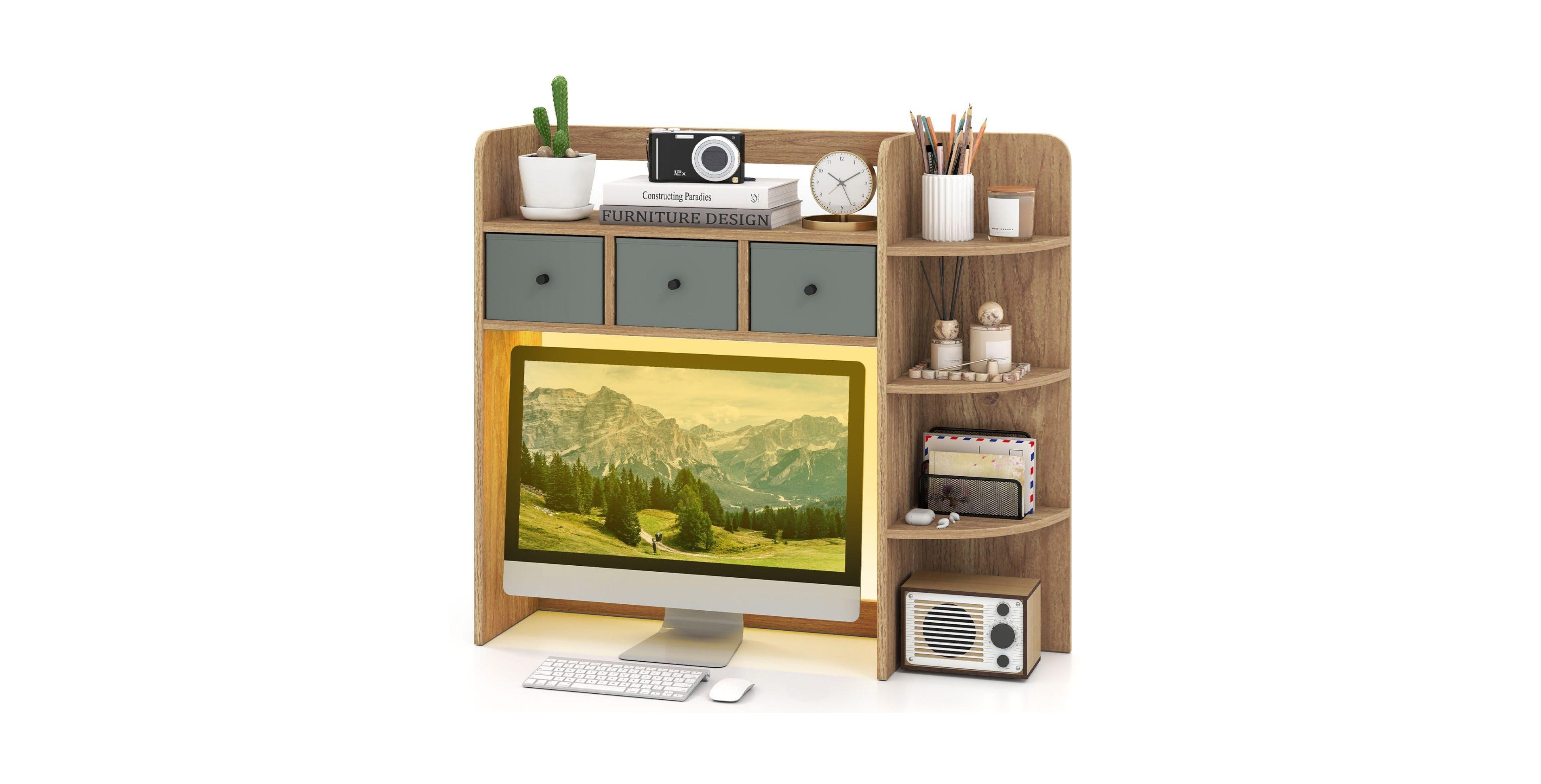 Sugift 5-Tier Desktop Bookshelf with Led Lighting and Storage Drawers