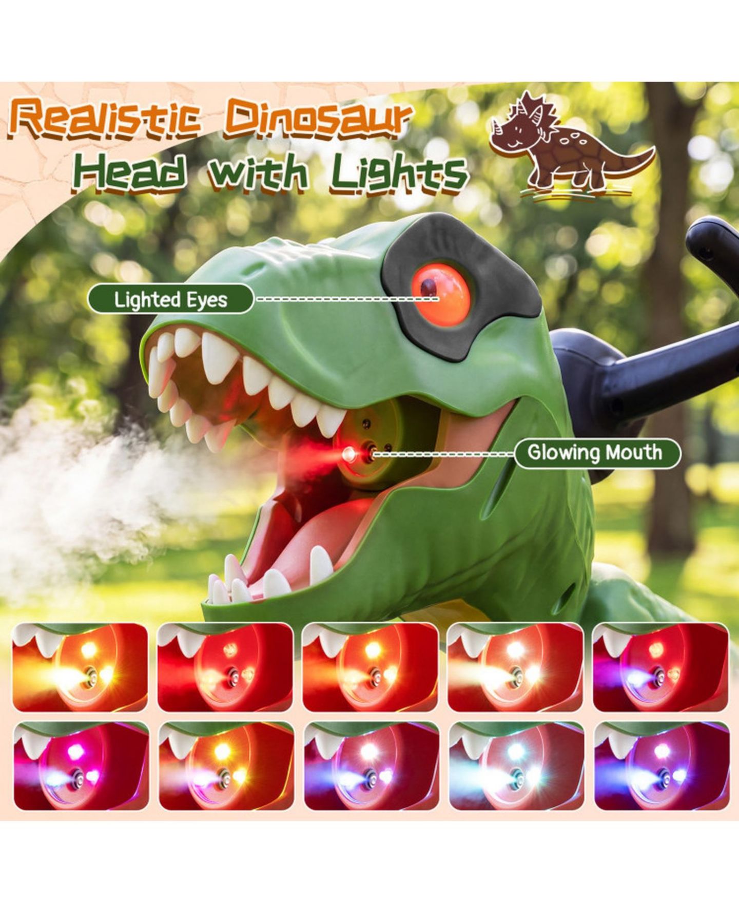 Детская игрушка HONGGE Dinosaur Drift Tricycle with Mist Spray, Roar Sound & Lighted Head, 66 lb Capacity, Ages 3-8, цвет: Зелёный — фото 6