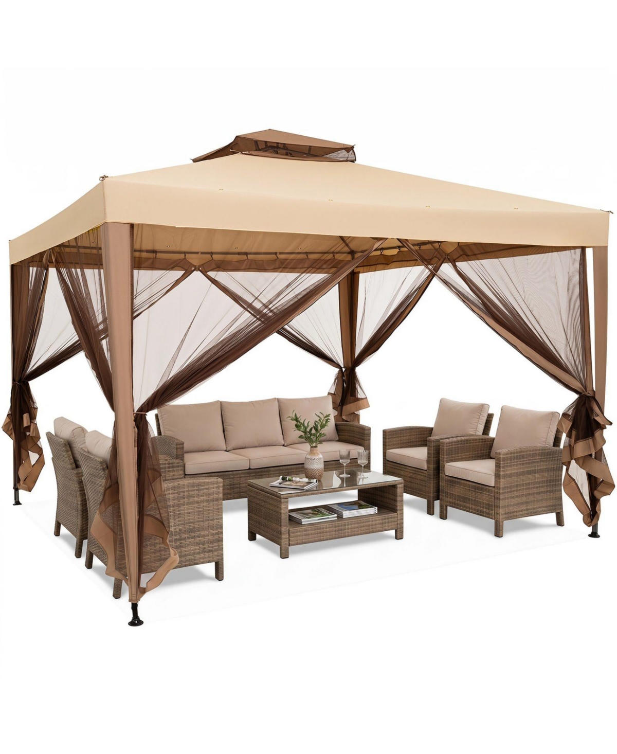 Sugift 10 x 10 Ft Double-Tier Patio Canopy Gazebo with Mesh Netting Tent - Beige