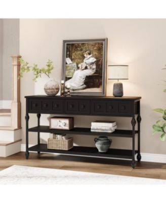 52 in Console Table with 3 Drawers, Roman Column Entryway Table, Narrow Sofa Table Behind Couch