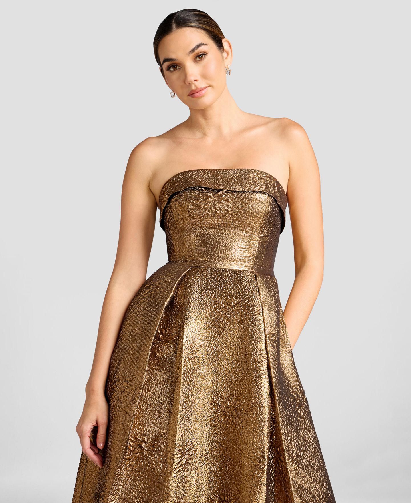 Женское платье Dress the Population Mika Strapless Fit & Flare Tea Length, цвет: Золотой — фото 4