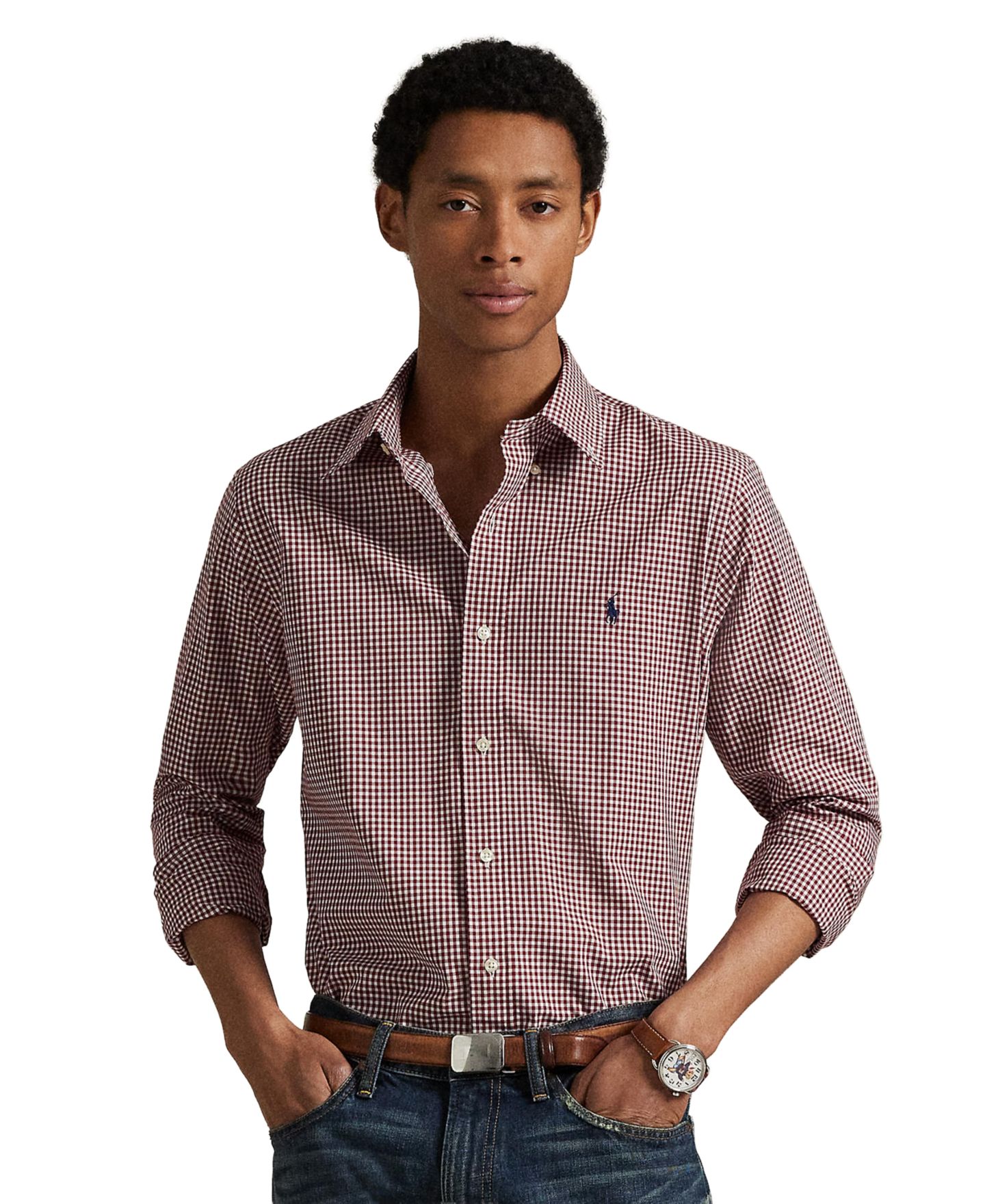 Мужская рубашка Polo Ralph Lauren Custom из поплина со стрейчем в клетку гингем, цвет: Винный / Белый — фото 1