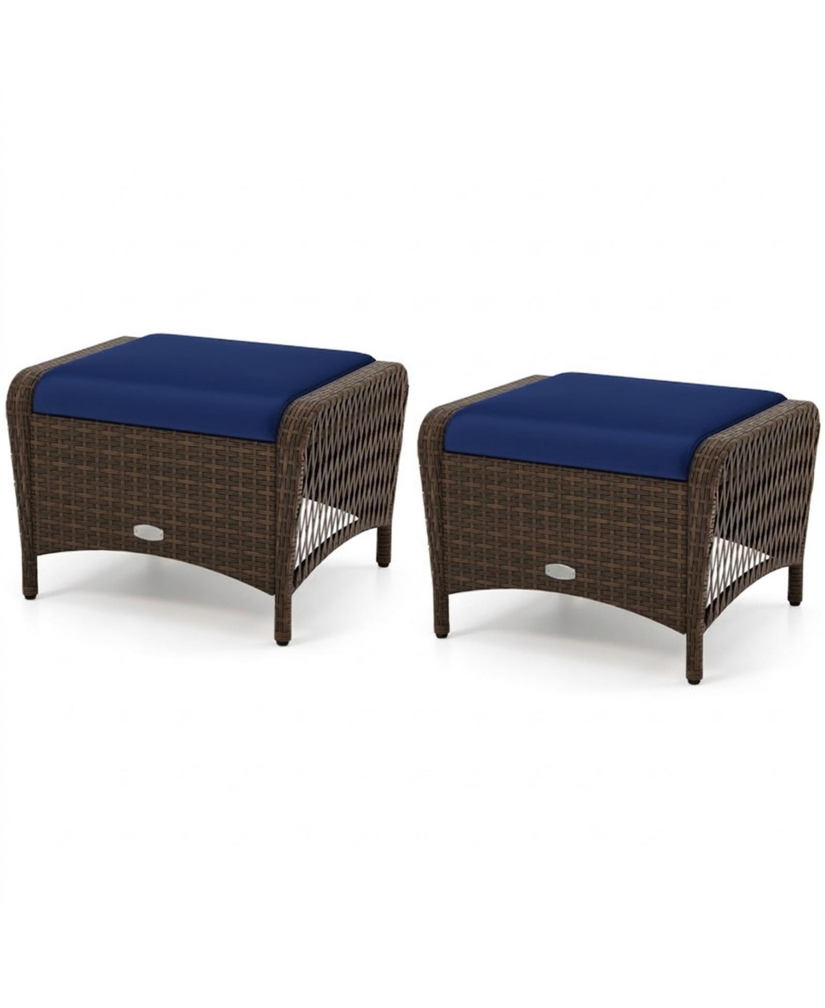 Gouun Patio Wicker Ottoman Pair Featuring Zippered Cushion Covers - Navy cushions brown wicker