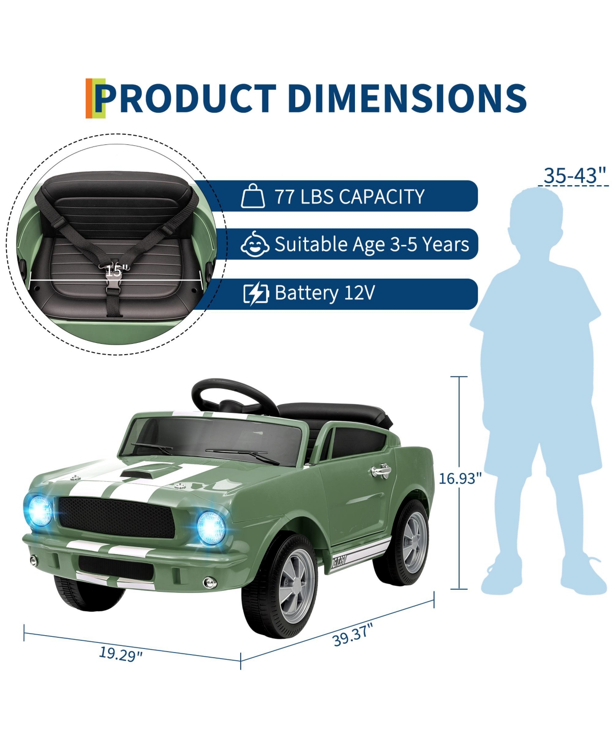 homfan 12V Kids Electric Ride-On Car with Parental Remote Control & Led Headlights, 77 lb. Capacity, Ages 3â5 - Green