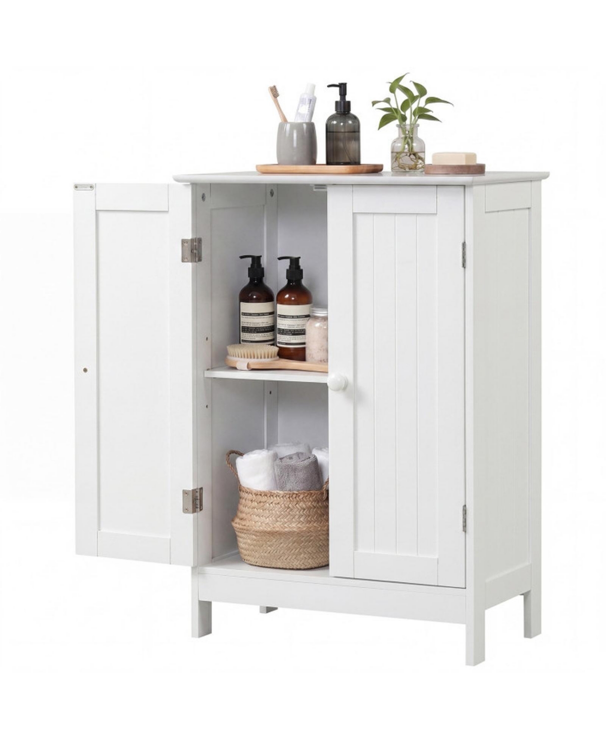 Sugift Double Door Mdf Bathroom Floor Storage Cabinet with Adjustable Shelf - White