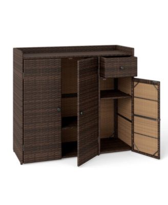 PE Wicker Patio Storage Cabinet Featuring 3 Doors and Drawer