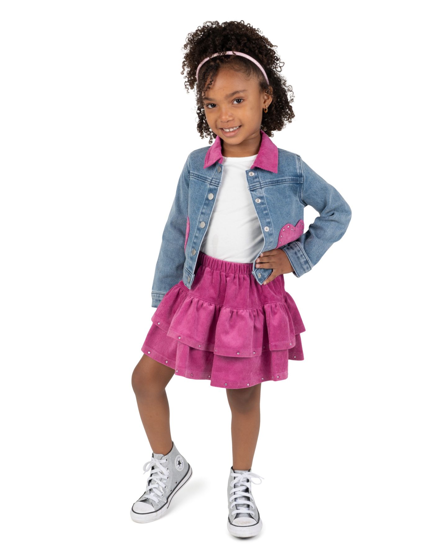 Комплекты Rare Editions Rhinestone Denim Jacket, T-Shirt, and Corduroy Skirt, 3-Piece Set для девочек, цвет: Малиновый — фото 1