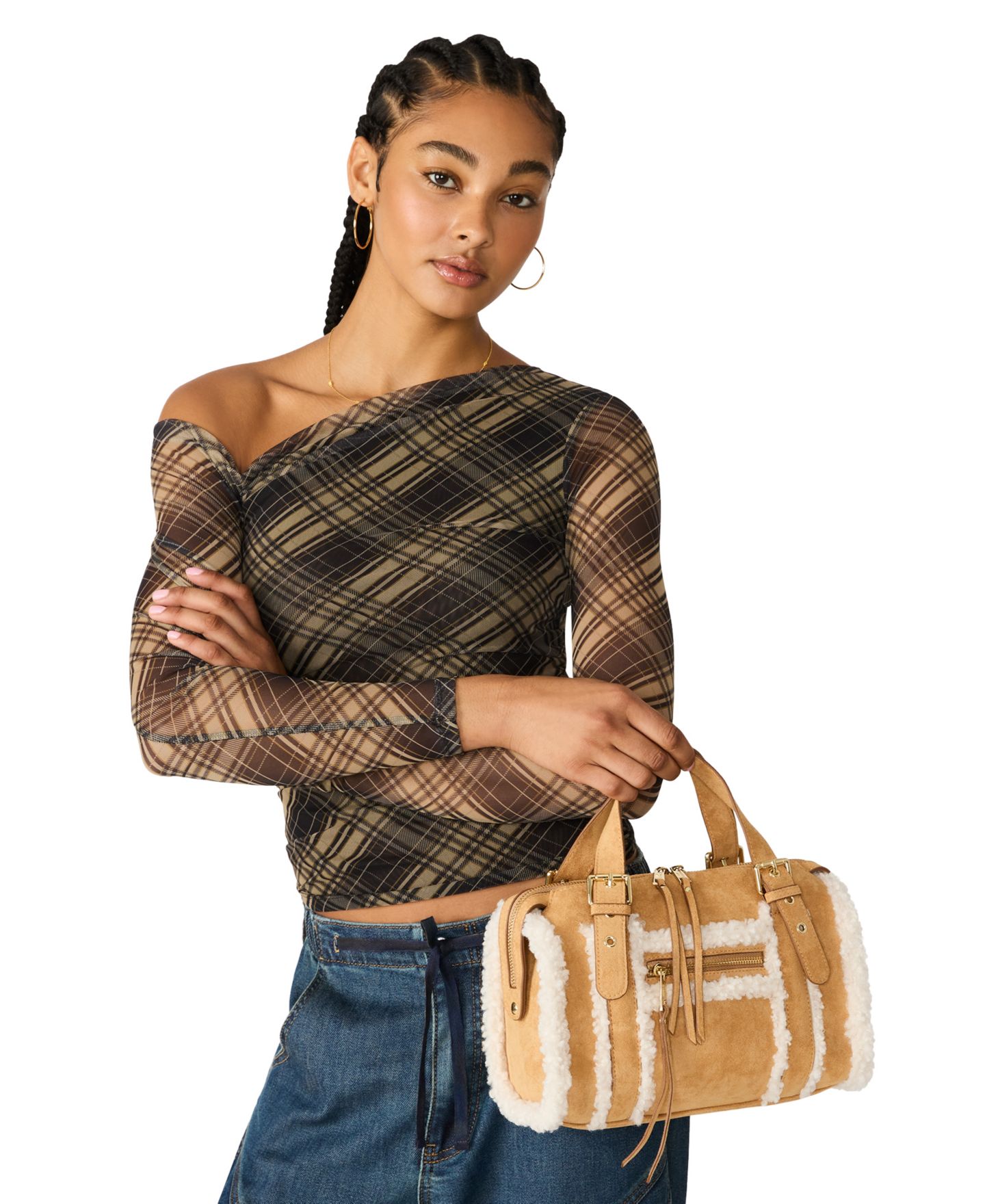 Женская сумка Madden Girl Sherpa Medium Satchel Handbag, цвет: Рыжевато-коричневый — фото 7