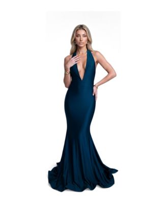Women's Plunging Halter Mermaid Open-Back Evening Gown